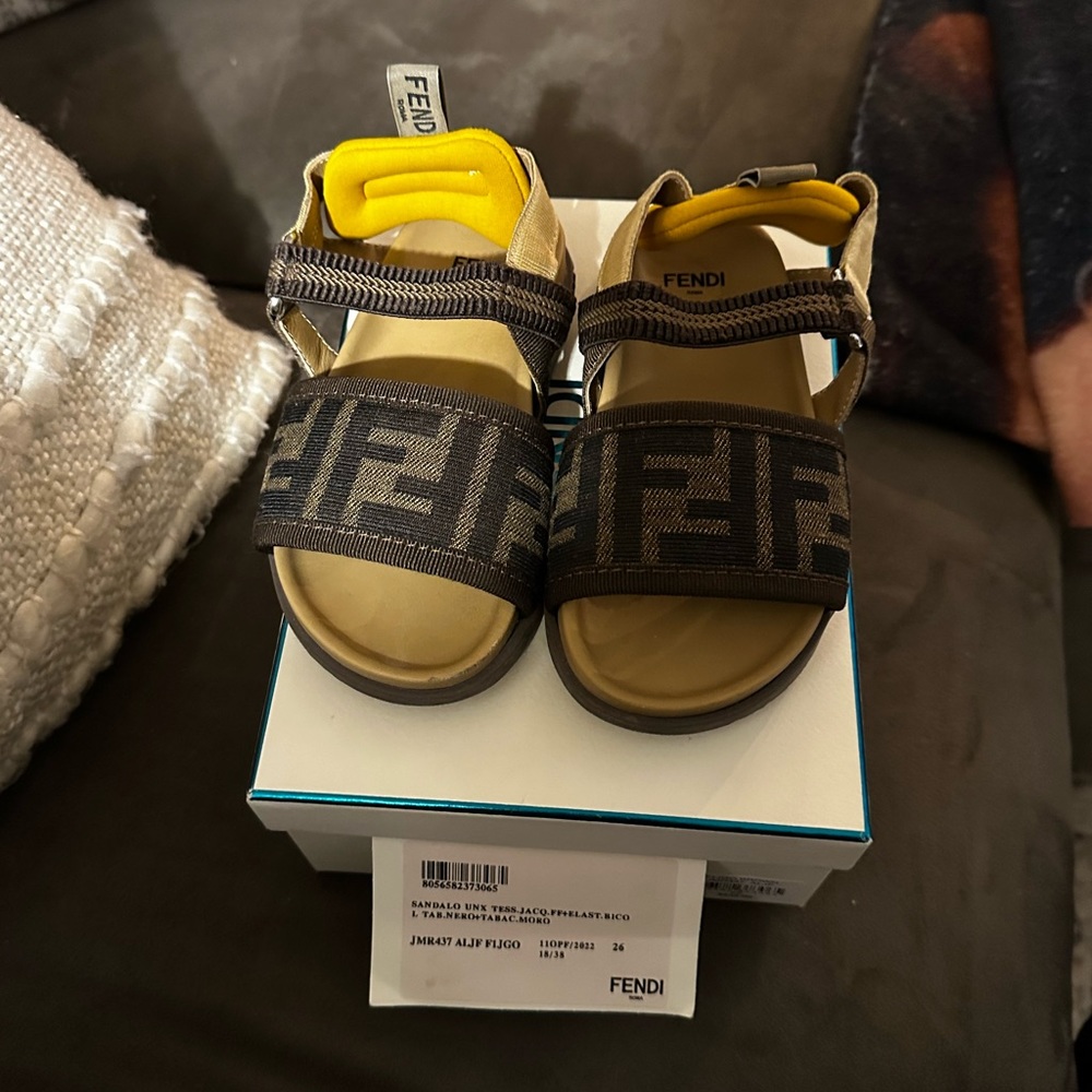 Fendi Brown & Yellow Kids FF Logo Strap Sandals